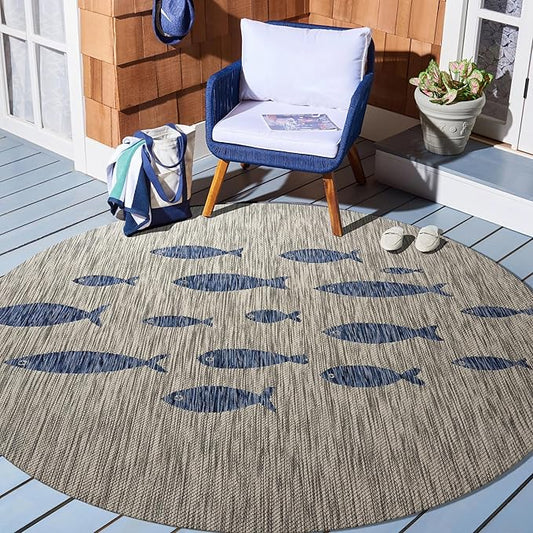 LR Home 5ft Round Indoor/Outdoor Area Rug for Home Decor | Coastal School of Fish Large Size Carpet for Living Room, Bedroom, Playroom, Patio, Garden | Nautical Farmhouse Rug | Gray/Navy