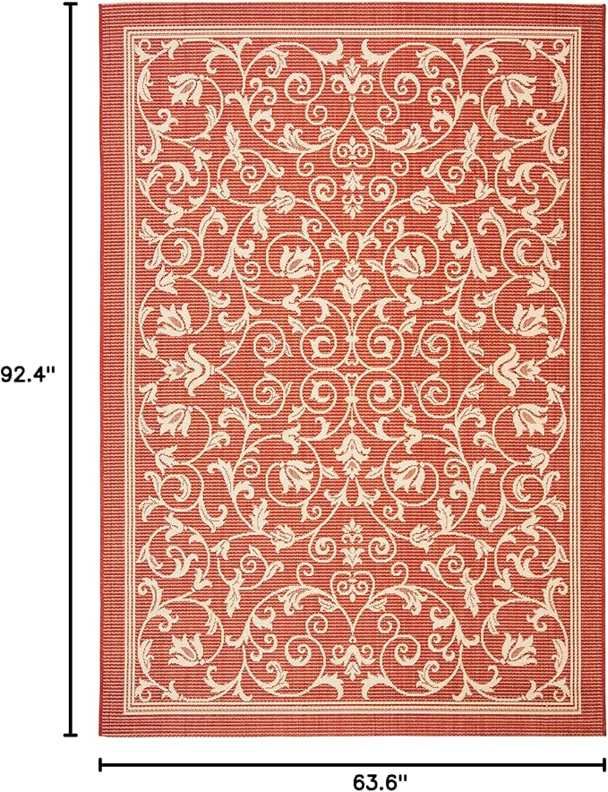 SAFAVIEH Courtyard Collection 5'3" x 7'7" Red / Natural CY2098 Scroll Indoor/ Outdoor Splashproof Easy Scrubbing Patio Backyard Mudroom Area Rug