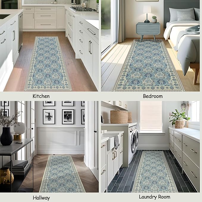 Vintage Runner Rug Washable Area Rug 2x6, Spill-Proof Surface, Non-Slip Backing, Cozy Soft Faux Wool, Printed Rug for Hallway, Kitchen, Entryway - Maya