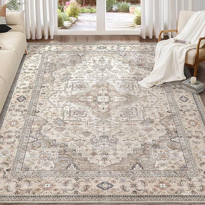 Washable Area Rugs for Living Room - 10x14 Neutral Vintage Distressed Floral Farmhouse Boho Large Soft Floor Rug Indoor Non Slip Carpet for Bedroom Dining Room Office - Brown/Multi