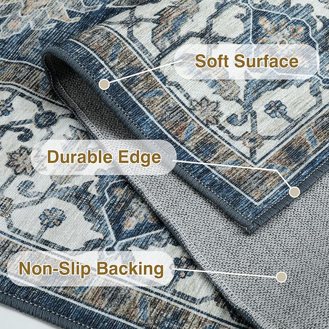 Vintage Ultra-Thin Distressed Medallion Rug, 4x6 Washable Low-Pile for Bedroom, Dining, Entryway, Bathroom, Living Room