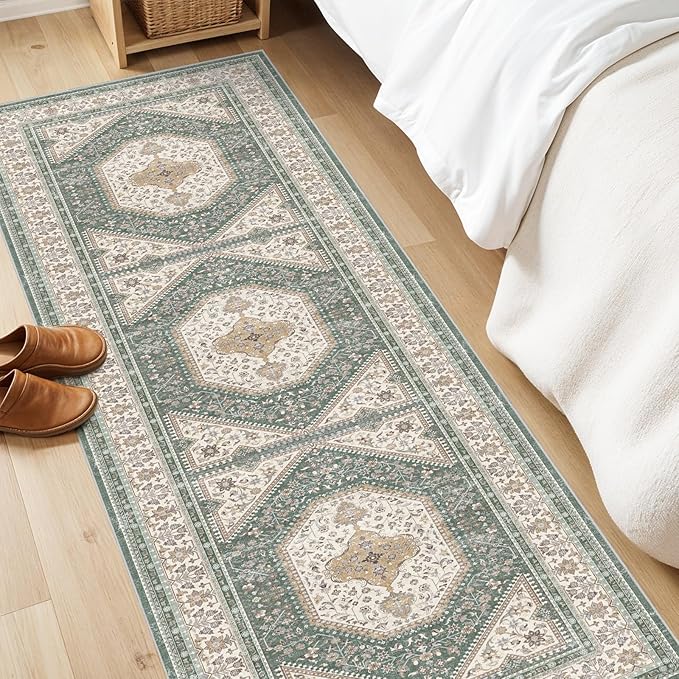 2x6 Runner Rug for Hallway Washable: Non Slip Kitchen Rugs with Rubber Backing Soft Waterproof Mats Stain Resistant Indoor Vintage Carpet Runner for Bedroom Bathroom Laundry Entryway Green/Beige