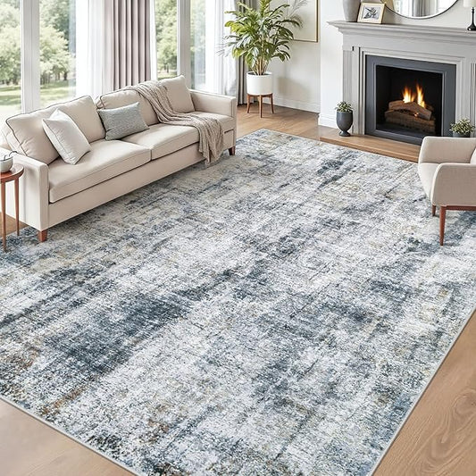 Washable Area Rug 9x12 Living Room Rugs: Abstract Large Rug Neutral Modern Carpet with Non Slip Backing for Bedroom Dining Room Office (Multi Blue, 9'x12')