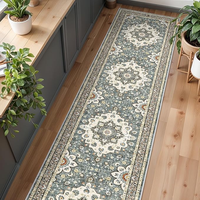 Washable Oriental Hallway Runner Rug - 3x20 Rugs for Living Room Soft Carpet for Bedroom Kitchen Waterproof Floral Distressed Indoor Stain Resistant Non-Shedding Floor Carpets (Blue, 3X20)