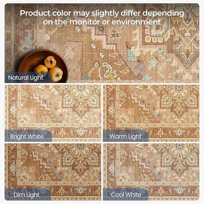 Washable Area Rugs 8x10 Living Room Boho Non Slip Thin Carpet Stain Resistant Vintage Brown Printed Oriental Distressed Rug for Bedroom Low Pile