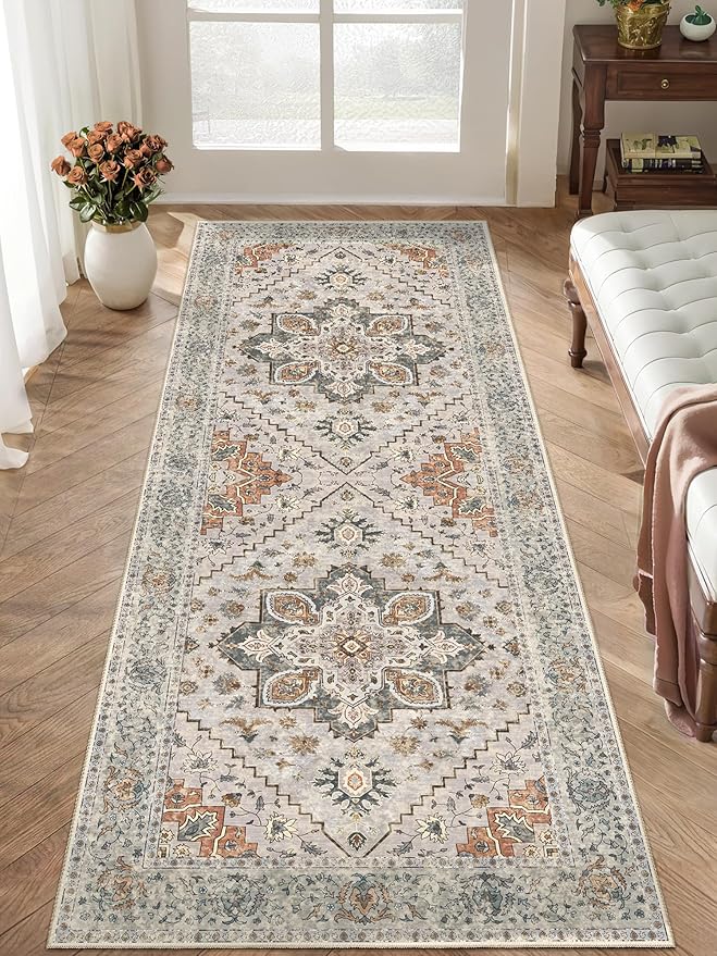 2x6 Washable Runner Rug for Hallways, Non Slip Vintage Runner Rugs, Soft Low Pile Long, Print Distressed Taupe Carpet Runners for Kitchen Bedroom Entryway Bathroom Living Room