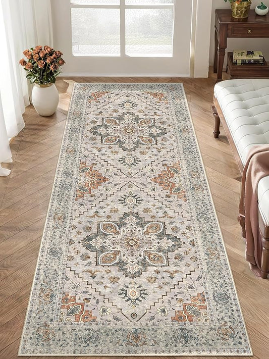 2x6 Washable Runner Rug for Hallways, Non Slip Vintage Runner Rugs, Soft Low Pile Long, Print Distressed Taupe Carpet Runners for Kitchen Bedroom Entryway Bathroom Living Room