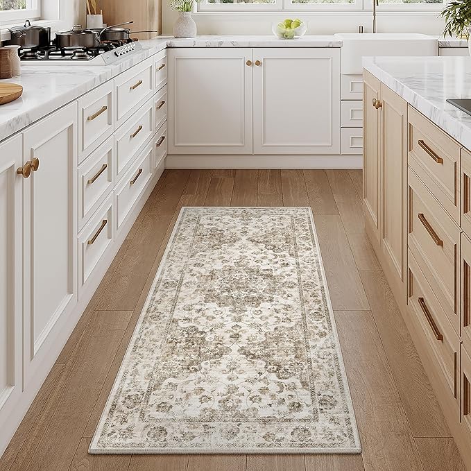 2x5 Washable Neutral Runner Rug Brown Hallway Kitchen Non-Slip Low Pile Floral Carpet Vintage Soft Thin Small Throw Rug for Bathroom Bedroom Entryway Indoor Entrance