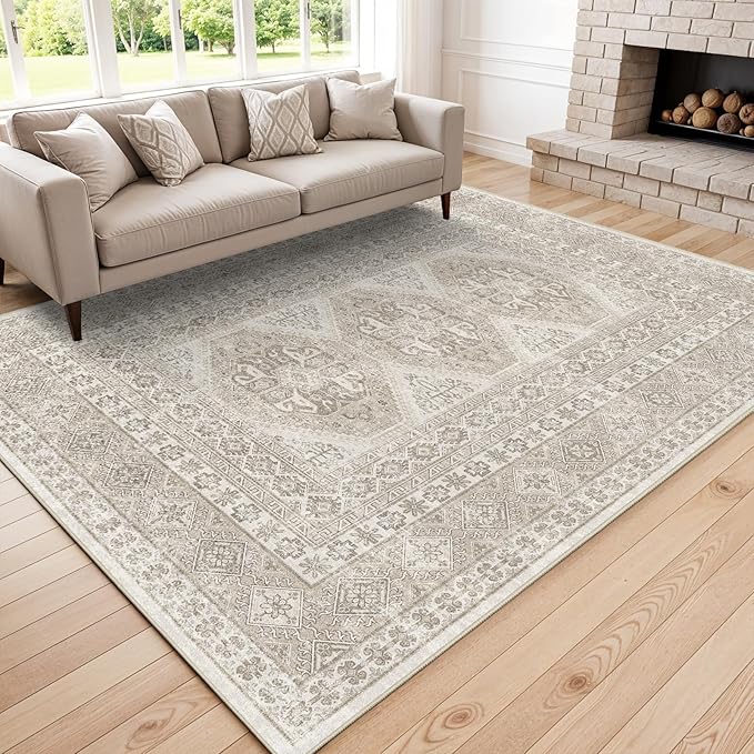 6x9 Area Rugs for Living Room:Washable Oriental Rug for Bedroom Dining Room Carpet 6 by 9 Indoor Non Slip Rubber Backing Neutral Nursery Dorm Home Office Kids Beige