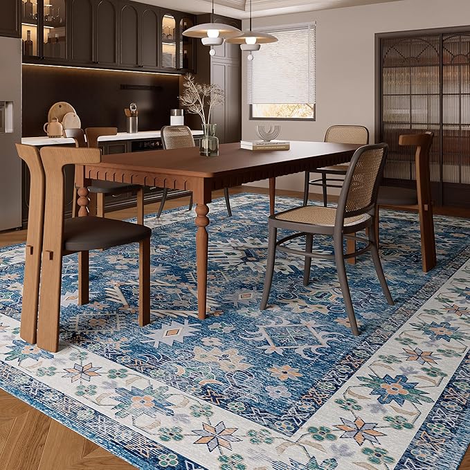9x12 Rug, Washable Neutral Boho Modern Vintage Non Slip Floral Area Carpet, Low Pile Soft Rugs, Slip Resistance, Pet-Friendly, Durable Rug for Living Room, Bedroom, Kitchen, Dining Room