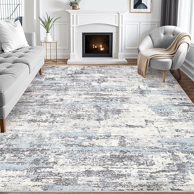Area Rugs for Living Room: 9x12 Abstract Washable Rug Modern Neutral Large Soft Stain Resistant Non-Slip Backing Machine Table for Bedroom Dining Room Indoor Home Office Carpet - Blue Grey