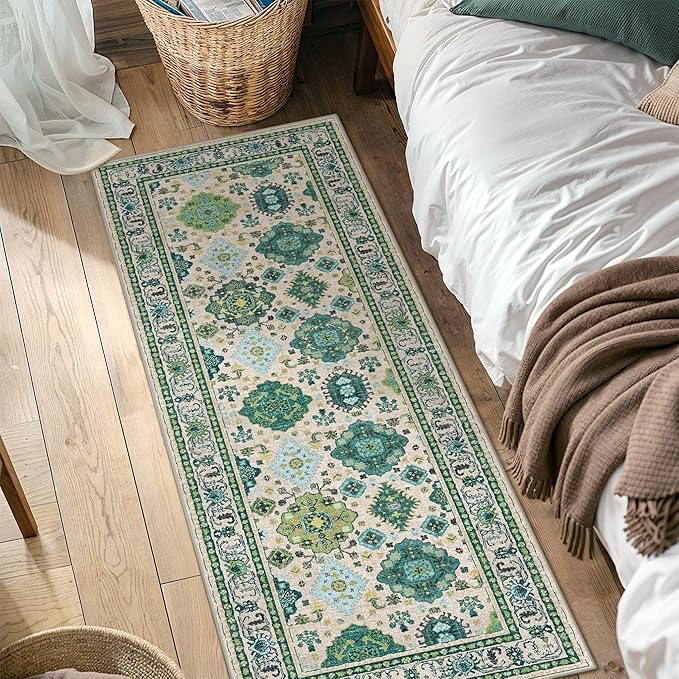 2x5 Runner Rug Non Slip, Machine Washable Rug Runners for Hallways, Vintage Distressed Print Kitchen Runner, Low Pile Lightweight Carpet Runner for Entryway, Laundry, Bedroom, Bathroom Ivory Green