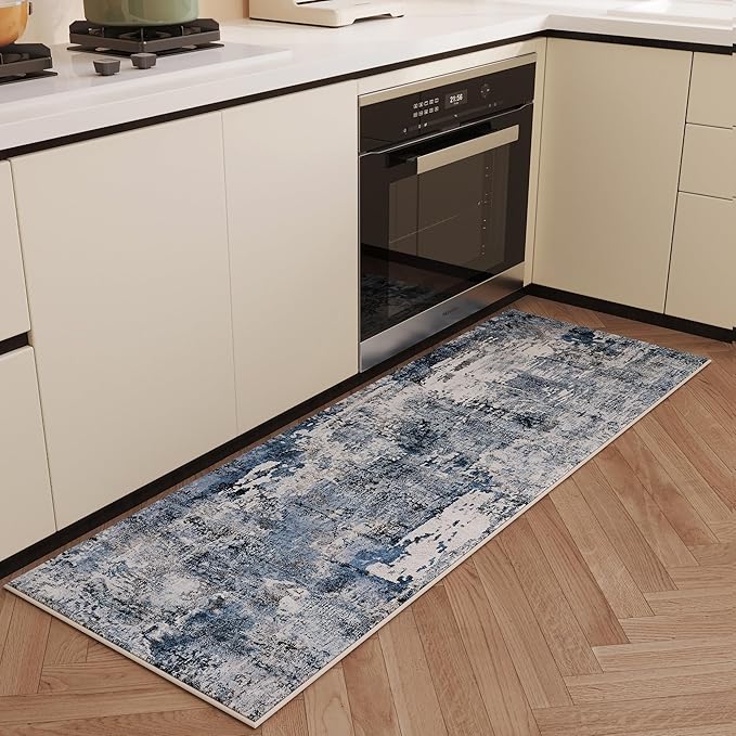 Runner Rug 2'x6' Hallway Rugs Washable Boho Rug Soft Area Rug Abstract Pattern Non-Slip Faux Wool Vintage Rug for Kitchen, Entryway, Laundry, Bedroom, Indoor, Blue