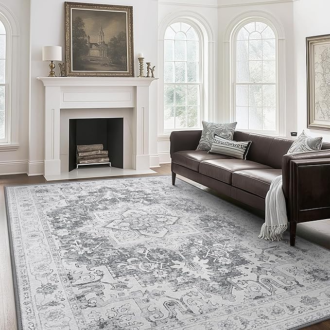 3X5 Area Rugs Machine Washable Rugs for Living Room, Vintage Boho Large Rugs for Bedroom Dining Room, Non Slip Indoor Soft Distressed Lightweight Thin Low Pile Carpet, Grey
