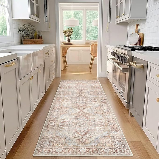 jinchan Runner Rug 2x10 Washable Kitchen Runner Rug Non Slip Brick Red Vintage Hallways Ultra-Thin Floral Print Floor Cover Accent Throw Carpet for Laundry Room Bedroom Living Room