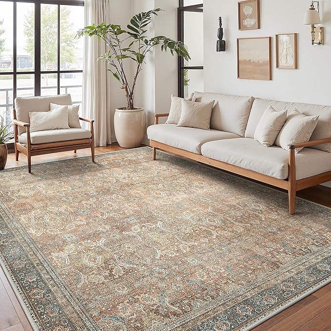 8X10 Area Rugs Machine Washable Rugs for Living Room, Vintage Boho Large Rugs for Bedroom Dining Room, Non Slip Indoor Soft Distressed Lightweight Thin Low Pile Carpet, Cinnamon