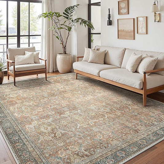 8X10 Area Rugs Machine Washable Rugs for Living Room, Vintage Boho Large Rugs for Bedroom Dining Room, Non Slip Indoor Soft Distressed Lightweight Thin Low Pile Carpet, Cinnamon