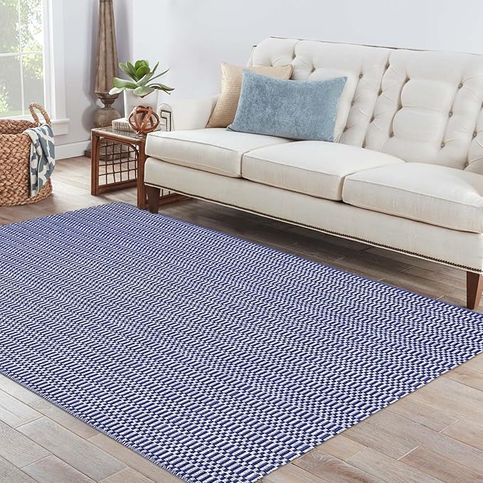 KOZYFLY Washable Area Rug for Living Room 5x7 Ft Bedroom Rug with Runner Backing Thin Navy and White Rugs Cotton Dining Room Rug, Floor Carpet for Living Room Dining Room Bedroom, Navy/White