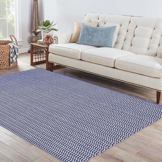 KOZYFLY Washable Area Rug for Living Room 5x7 Ft Bedroom Rug with Runner Backing Thin Navy and White Rugs Cotton Dining Room Rug, Floor Carpet for Living Room Dining Room Bedroom, Navy/White