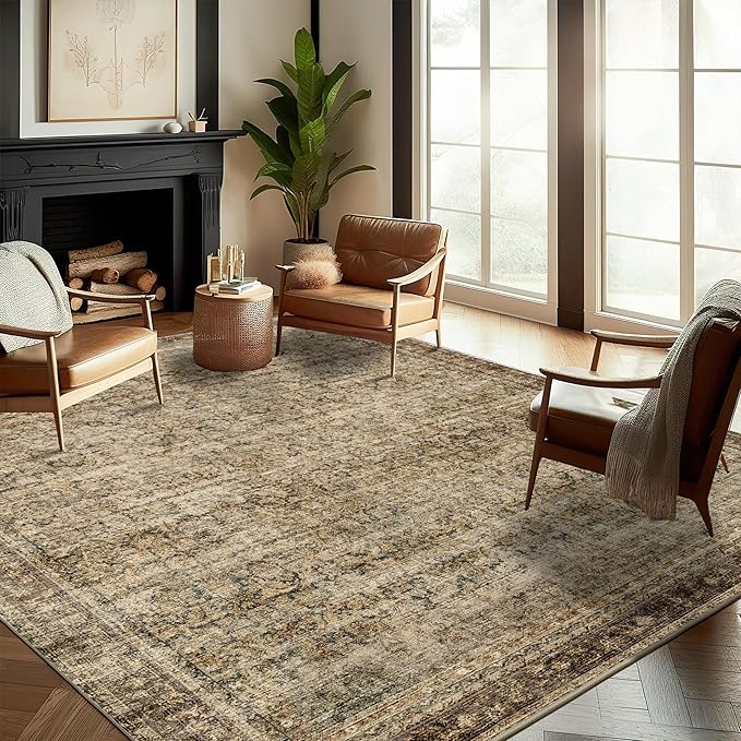 5x7 Washable Area Rug Vintage Brown Traditional Floor Cover Foldable Thin Rug Kitchen Accent Rug Indoor Distressed Non Slip Carpet Floral Print Mat Bedroom Living Room Bathroom