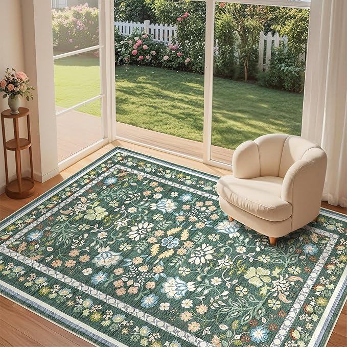 7x9 Area Rug Living Room Rugs - Washable Boho Vintage Floral Large Soft Non Slip Thin Rug Low Pile Carpet for Bedroom Dining Room Kids Playroom Office Decor Indoor- Green