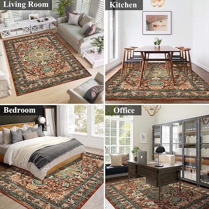 U'Artlines Boho Vintage Area Rug 5x7 Machine Washable Low Pile Ultra-Thin Soft Floor Carpet Non Slip Non Shedding Accent Rug for Living Room Bedroom Entryway Dining Room Office(Rust＆Teal)
