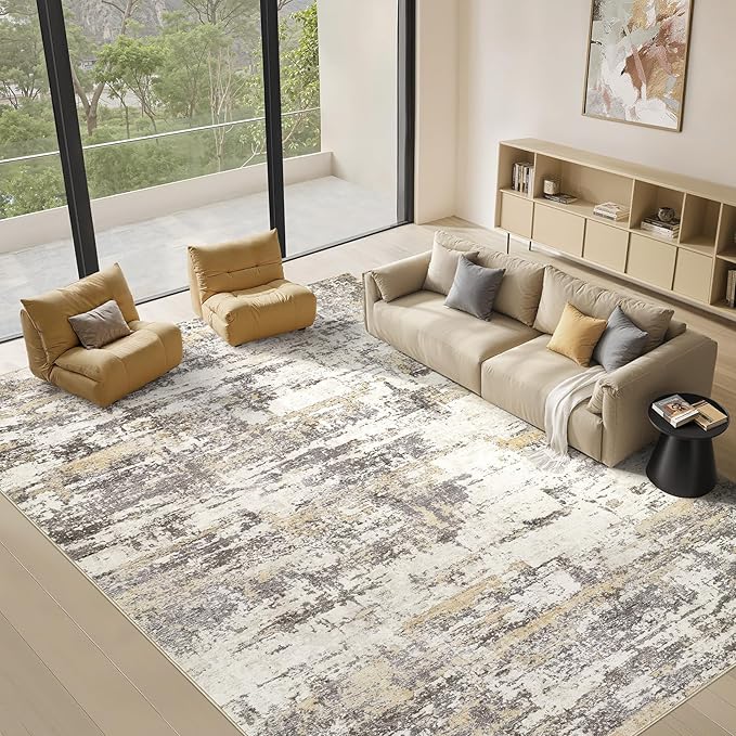 Area Rugs for Living Room: 5x7 Thickened Abstract Washable Rug Modern Neutral Soft Stain Resistant Non-Slip Backing Carpet for Bedroom Dining Room Indoor Home Office - Gold Brown