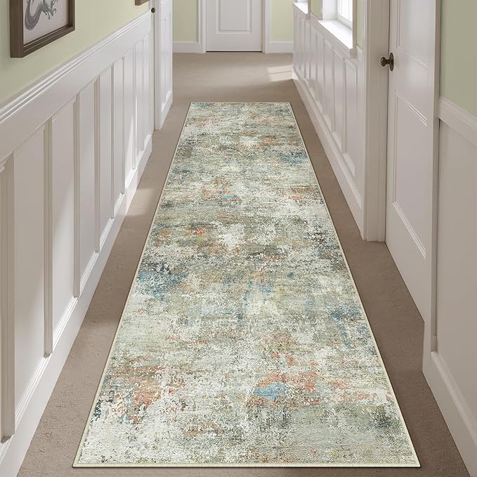 2x6 Runner Rug for Hallways Orange Grey Non Slip Washable Neutral Modern Abstract Indoor Rug Thin Soft Throw Low Pile Kitchen Carpet for Bedside, Bedroom, Bathroom, Entryway