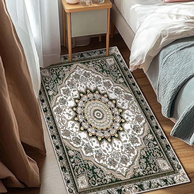 3x5 Entryway Rug Traditional Oriental Vintage White Dark Green Area Rug Indoor Entrance Non Slip Door Mat Stain Resistant Washable Machine Soft Low Pile Small Carpet Bathroom Kitchen