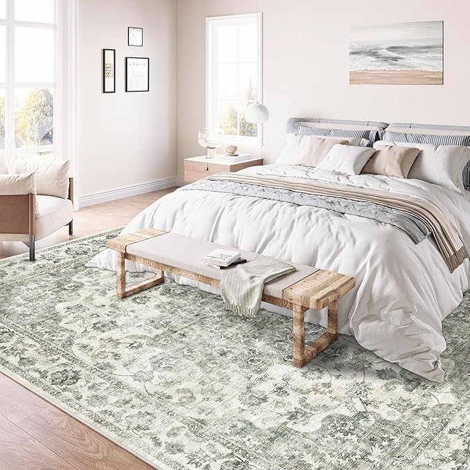 10x12 Neutral Area Rug Green Floral Living Room Bedroom Large Carpet Low Pile Vintage Non-Slip Soft Thin Washable Throw Rug for Dining Room Office Kitchen Indoor Nursery