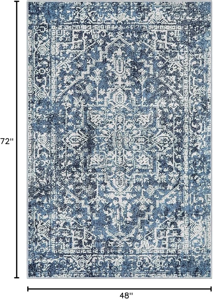 Morebes Boho 4x6 Rug for Living Room, Stain Resistant Washable Area Rug for Bedroom Non Slip Entryway Rug, Vintage Medallion Low Pile Soft Carpet for Bathroom Kitchen Dining Room, Deep Blue