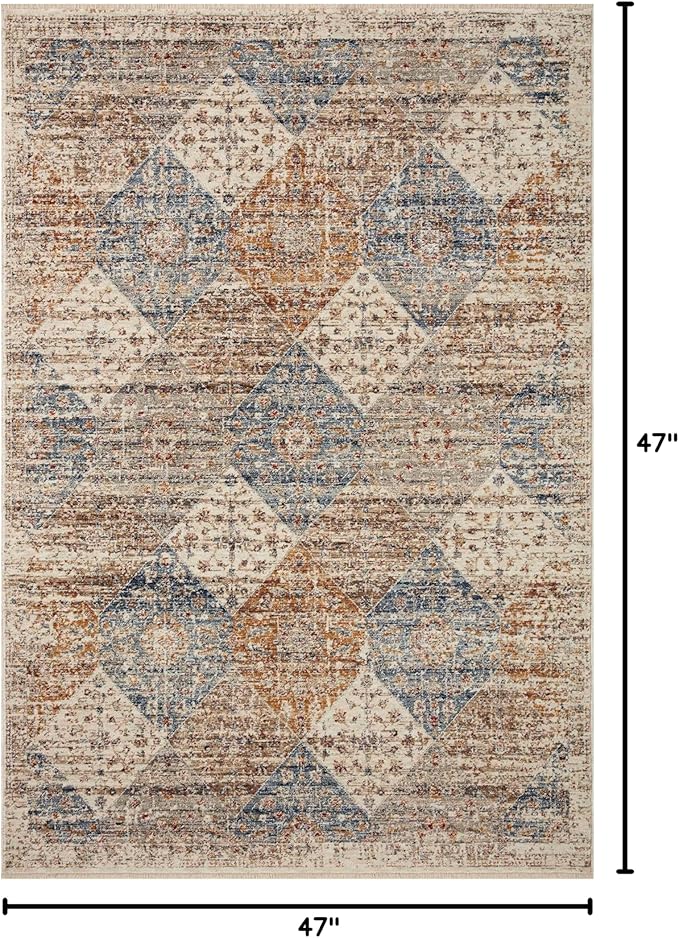 Loloi Sorrento Collection 3'-11" x 3'-11" Round Accent Rug in Ivory/Multi - Vintage Inspired Patterned Area Rug, Unique Area Rug for Living Room, Bedroom, Dining Area