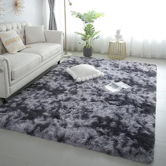 5x8 Dark Grey Fluffy Shag Rug for Bedroom, Ultra Soft Plush Fuzzy Washable Non Slip Floor Carpet for Living Room, Modern Comfy Shaggy Large Area Rug for Kids Baby Nursery Dorm, Tie-Dye Gray
