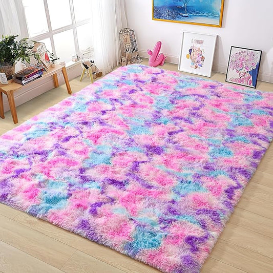 Tepook Soft Rainbow Rug for Girls Room 6x9 Feet, Cute Fluffy Girls Bedroom Area Rug, Shaggy Princess Rug Colorful Carpet for Kids Teens Toddler Playroom Nursery Reading Nook, Hot Pink