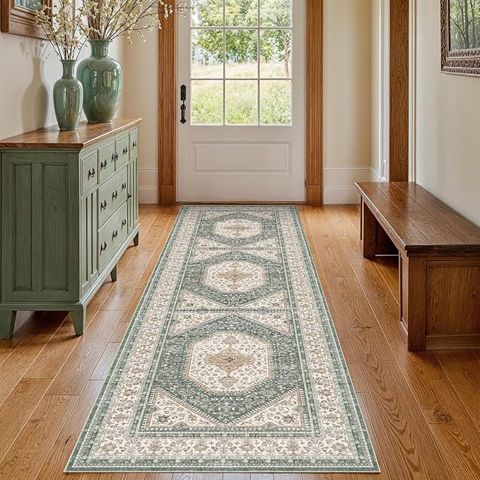 2x5 Runner Rug for Hallway Washable: Non Slip Kitchen Rugs with Rubber Backing Soft Waterproof Mats Stain Resistant Indoor Vintage Carpet Runner for Bedroom Bathroom Laundry Entryway Green/Beige