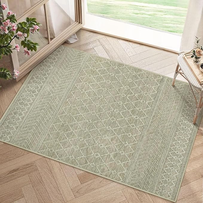 2x3 Rug Entryway Rugs: Washable Boho Small Geometric Moroccan Printed Pattern Rug Modern Indoor Soft Non Slip Ultra Thin Front Door Mat for Kitchen Bedroom (Brown, 2'x3')