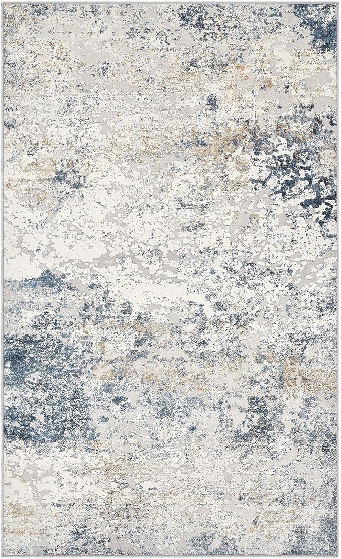 Washable Area Rug: 3x5 ft Abstract Small Rugs for Entryway Kitchen Living Room Bedroom - Non Slip Modern Neutral Carpet Indoor Front Door - Beige Blue