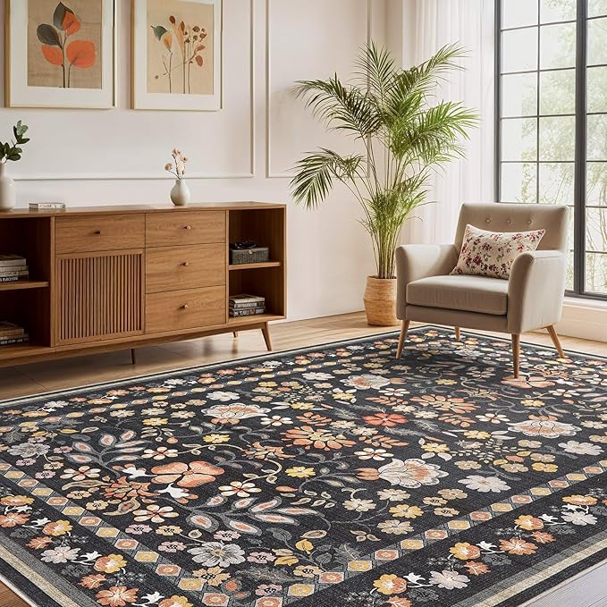 7x9 Area Rug Living Room Rugs - Washable Boho Vintage Floral Large Soft Non Slip Thin Rug Low Pile Carpet for Bedroom Dining Room Kids Playroom Office Decor Indoor- Black Grey