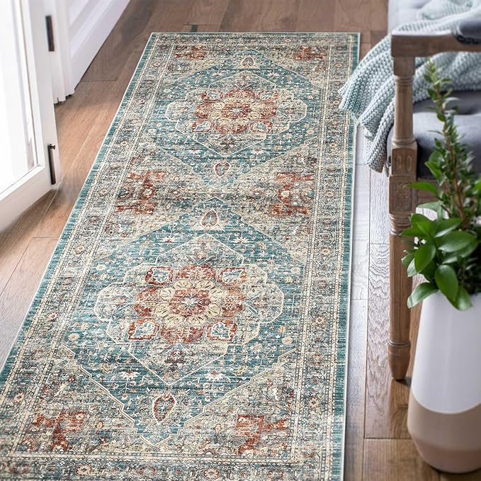 jinchan Runner Rug 2x5 Washable Hallway Rug Indoor Non Slip Blue Brown Vintage Laundry Room Mat Print Retro Distressed Soft Thin Accent Carpet for Bedroom Kitchen