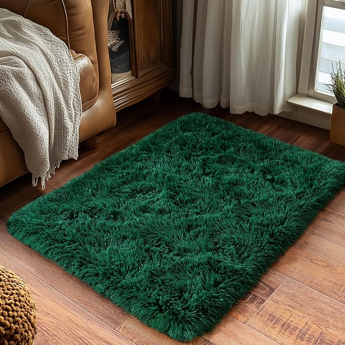 Green Fluffy Rug for Bedroom 3x5 ft Small Rug - Ultra Soft & Non Slip Shaggy Area Rug, Comfy Durable Carpet for Living Room Kids Room Teens Dorm Home Decor, 1.7'' Thick Indoor Plush Carpets