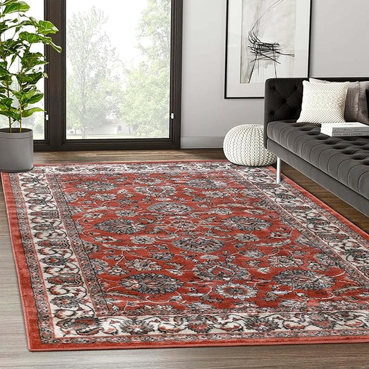 Superior Indoor Area Rug, Jute Backing, Plush Floral Rugs for Entryway, Living Room, Kitchen Floors, Bedroom, Office Floor Cover, Traditional Oriental Rugs, Lille Collection, 8' x 10', Salmon