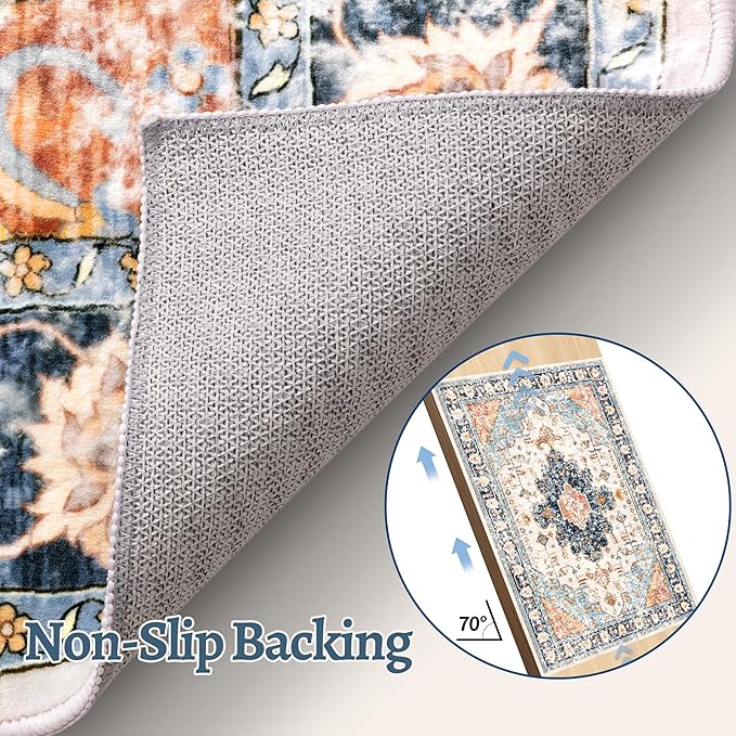 2x10 Washable Runner Rug for Hallways, Non Slip Vintage Runner Rug, Soft Low Pile Long, Print Distressed Blue/Orange Carpet Runners for Kitchen Bedroom Entryway Bathroom Living Room