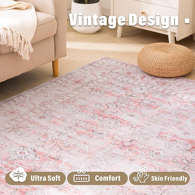 Carvapet Pink Rugs for Living Room Bedroom, Vintage Low Pile Large Carpet with Rubber Backing, Foldable, Non Slip Machine Washable (12 x 9 Feet Rectangular, Pink Area Rug)