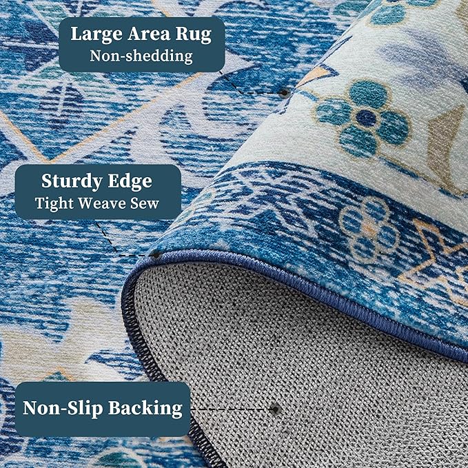 9x12 Rug, Washable Neutral Boho Modern Vintage Non Slip Floral Area Carpet, Low Pile Soft Rugs, Slip Resistance, Pet-Friendly, Durable Rug for Living Room, Bedroom, Kitchen, Dining Room