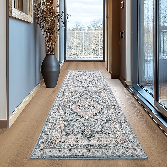 Foxmas Hallway Runner Rug, 2x6 Vintage Kitchen Runner Area Rugs Non Skid Washable, Low Pile Throw Rugs with Rubber Backing Carpet for Laundry Room Entryway Bedroom Home Decor, Blue