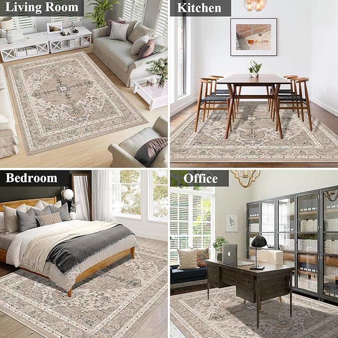 U'Artlines Boho Vintage Area Rug 5x7 Machine Washable Low Pile Soft Floor Carpet Non Slip Non Shedding Accent Rug for Living Room Bedroom Entryway Dining Room Office Beige＆Brown
