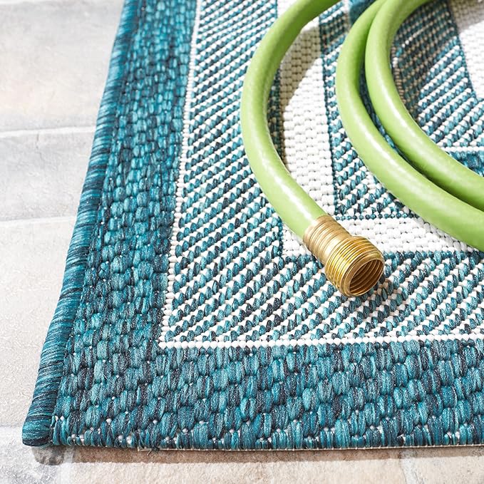 SAFAVIEH Courtyard Collection Area Rug - 7'10" Square, Ivory & Teal, Indoor/Outdoor, Weather Resistant & Washable, Ideal for Patio, Backyard, Mudroom, Deck (CY8475)