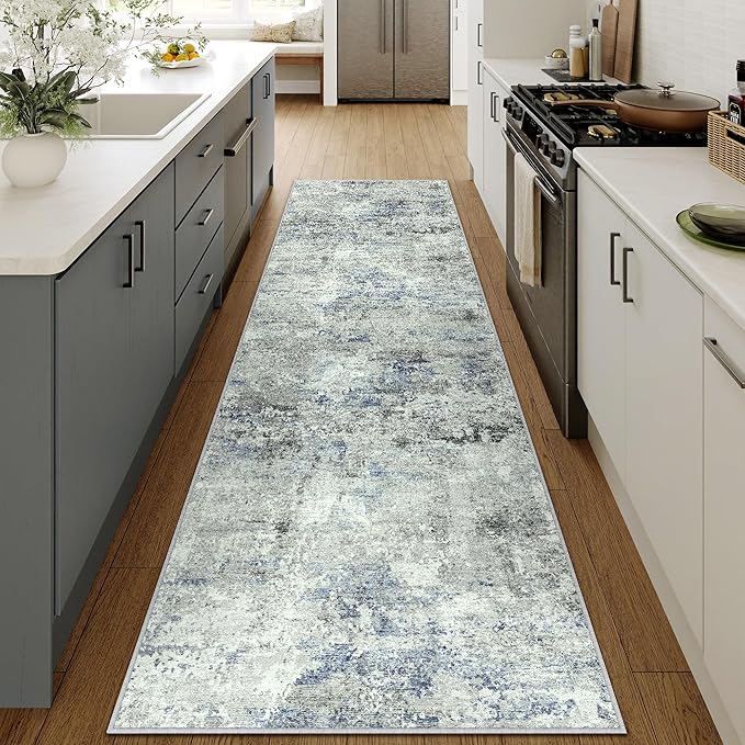 2x6 Runner Rug for Hallways Blue Grey Non Slip Washable Neutral Modern Abstract Indoor Rug Thin Soft Throw Low Pile Kitchen Carpet for Bedside, Bedroom, Bathroom, Entryway