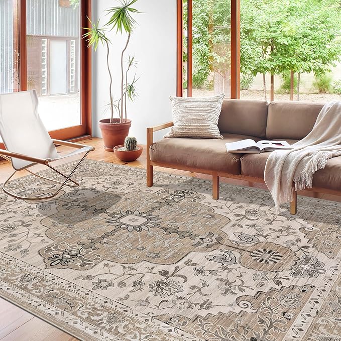U'Artlines Boho Vintage Area Rug 8x10 Machine Washable Low Pile Soft Floor Carpet Non Slip Non Shedding Accent Rug for Living Room Bedroom Entryway Dining Room Office Beige＆Brown