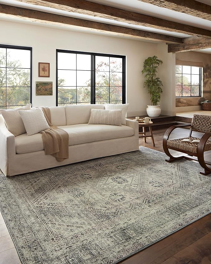 Loloi Magnolia Home by Joanna Gaines Sinclair Collection SIN-04 Natural/Sage 3'-6" x 5'-6", .25" Pile Height, Machine Washable, Accent Rug